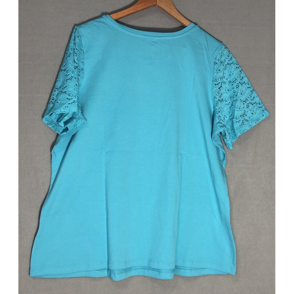 D & CO Round Neck Top w/t Lace Short Sleeves & Pockets Clear Aqua Blue Sz 1X NEW - Picture 2 of 7